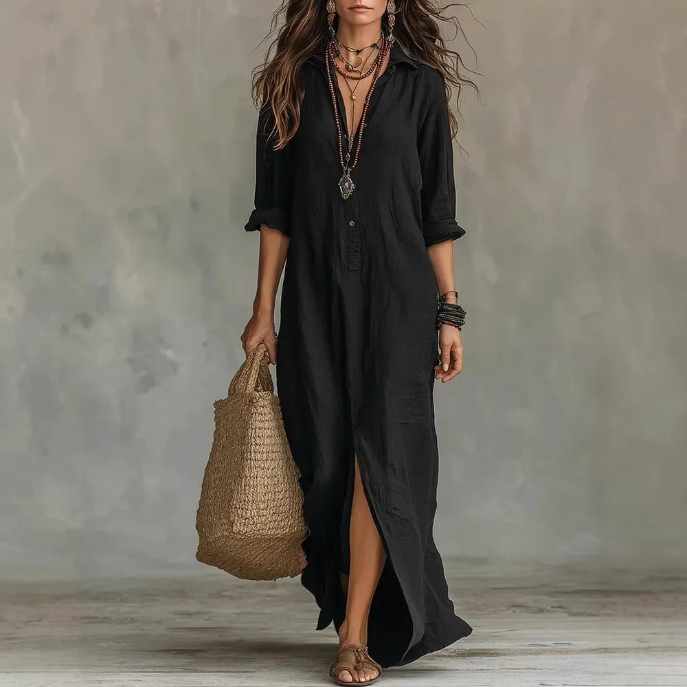 Women's maxi dress with collar and three-quarter sleeves, shown in white and black