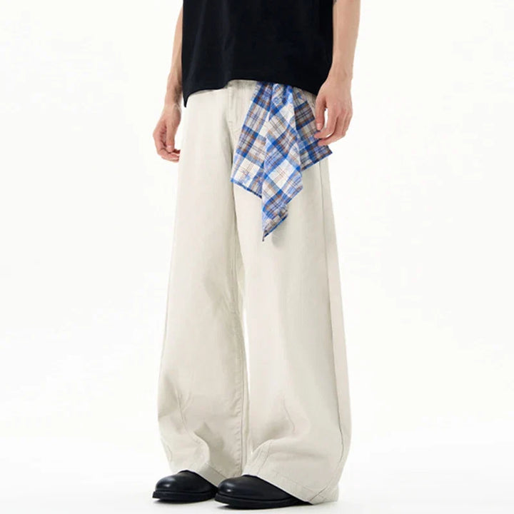 Wide leg jeans with blue plaid pocket detail