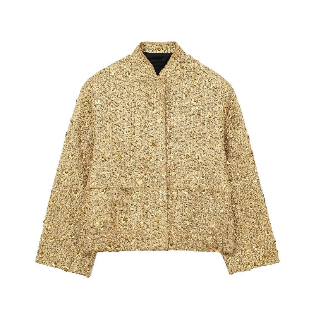 Women's textured metallic jacket with stand collar, long sleeves and front pockets