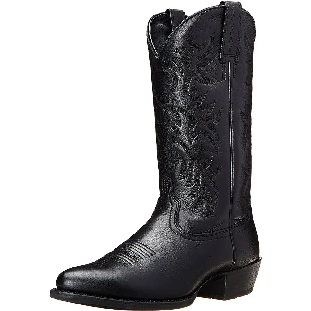 Men's cowboy boots with embroidered shaft, pointed toe and low heel