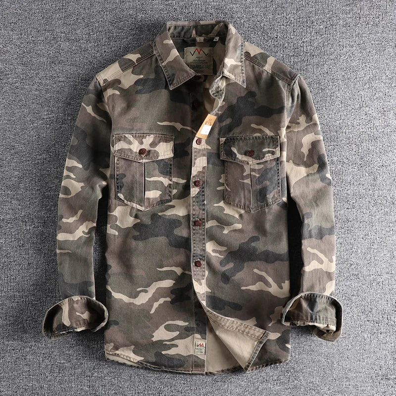 Long-sleeve camouflage button-up shirt with two chest pockets
