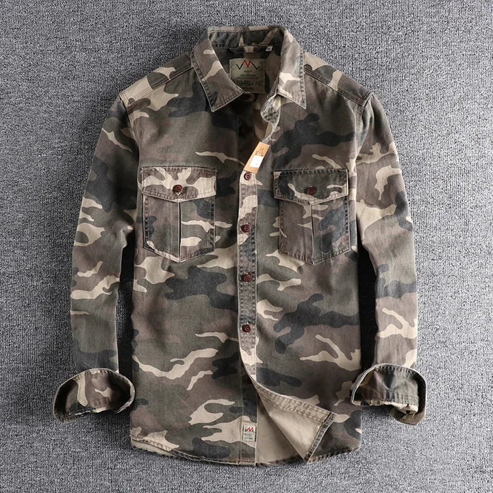 Long-sleeve camouflage button-up shirt with two chest pockets