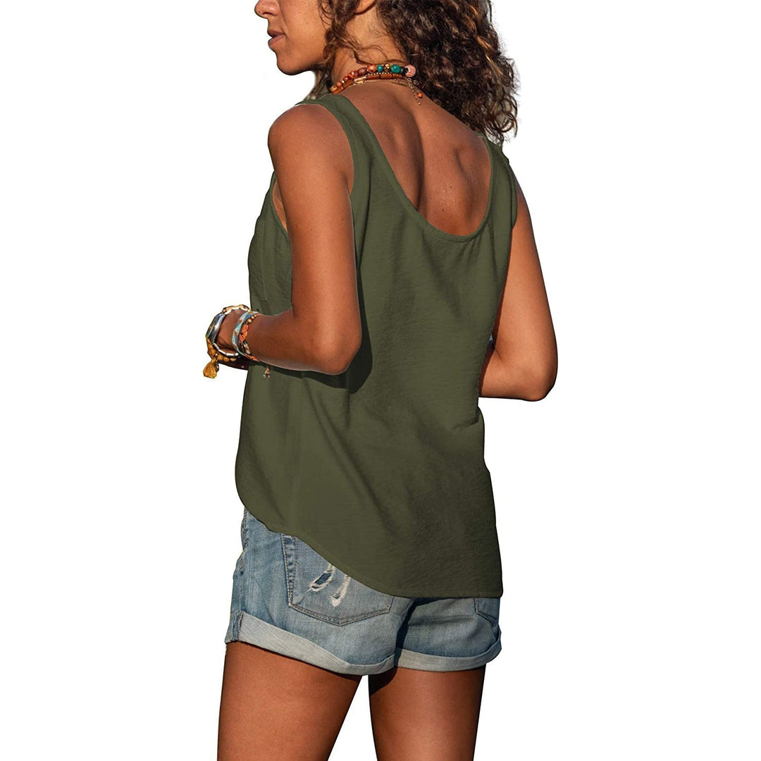 Women's grey sleeveless tank top with V-neck and decorative button front