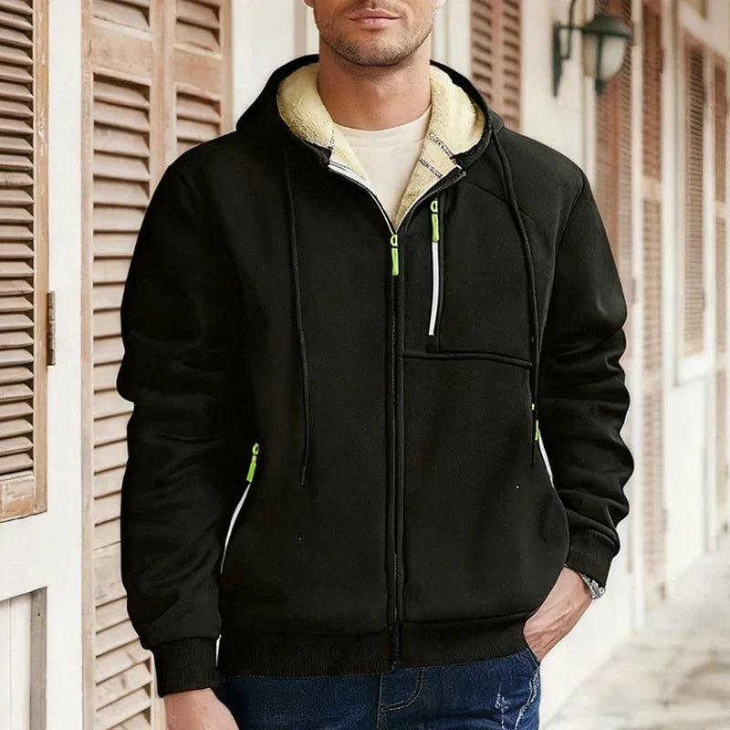 Men's hooded zip-up hoodie with light pile lining and zipped pockets