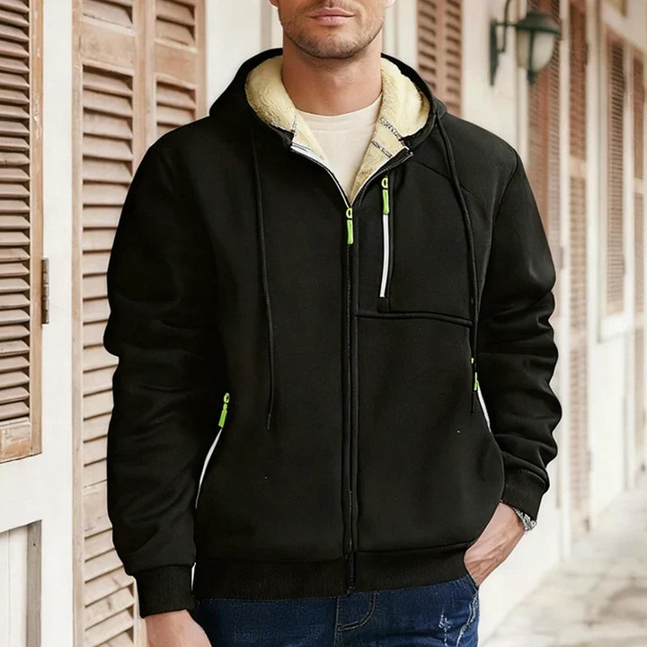 Men's hooded zip-up hoodie with light pile lining and zipped pockets