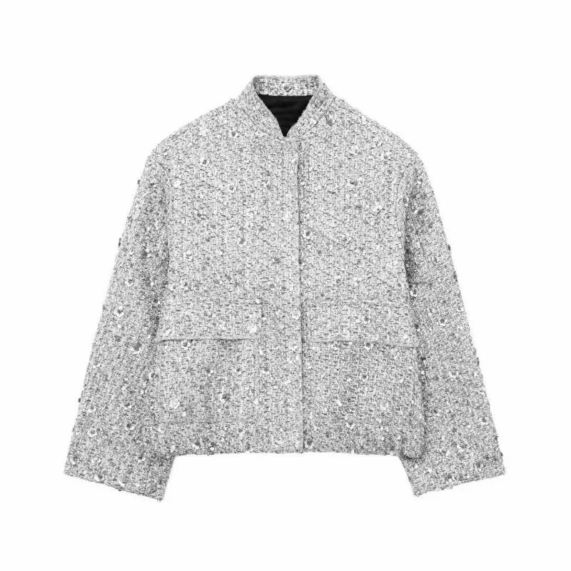 Women's textured metallic jacket with stand collar, long sleeves and front pockets