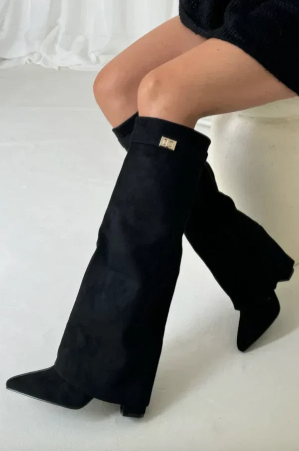 Women's tall pointed toe heeled boots with side zip and buckle detail