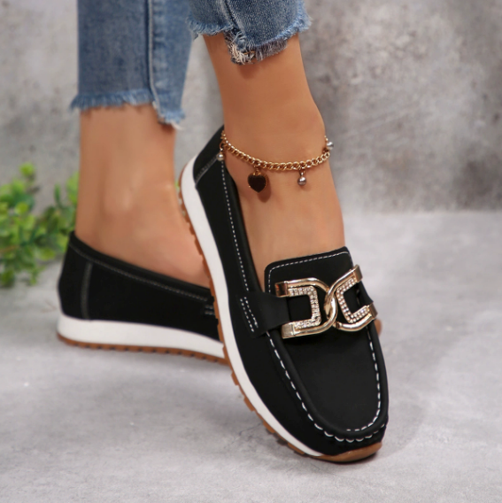Women's moc toe loafers with decorative buckle and flat platform sole