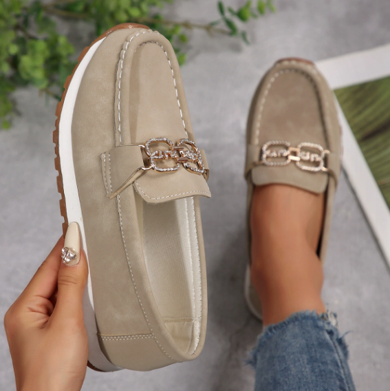 Women's moc toe loafers with decorative buckle and flat platform sole