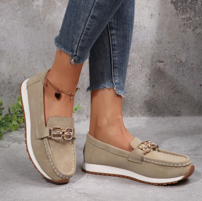 Women's moc toe loafers with decorative buckle and flat platform sole
