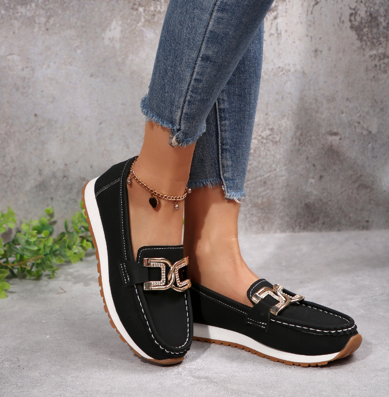 Women's moc toe loafers with decorative buckle and flat platform sole