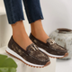 Women's abstract pattern loafers with decorative buckle and lugged flat sole