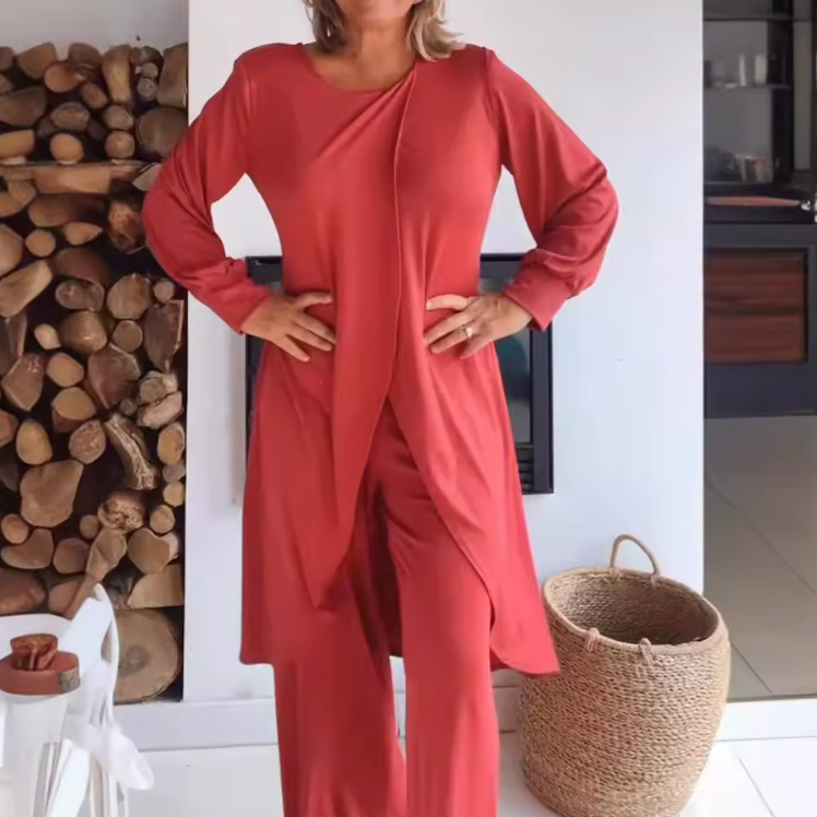 Women's long-sleeve two-piece lounge set with asymmetric top and wide-leg trousers