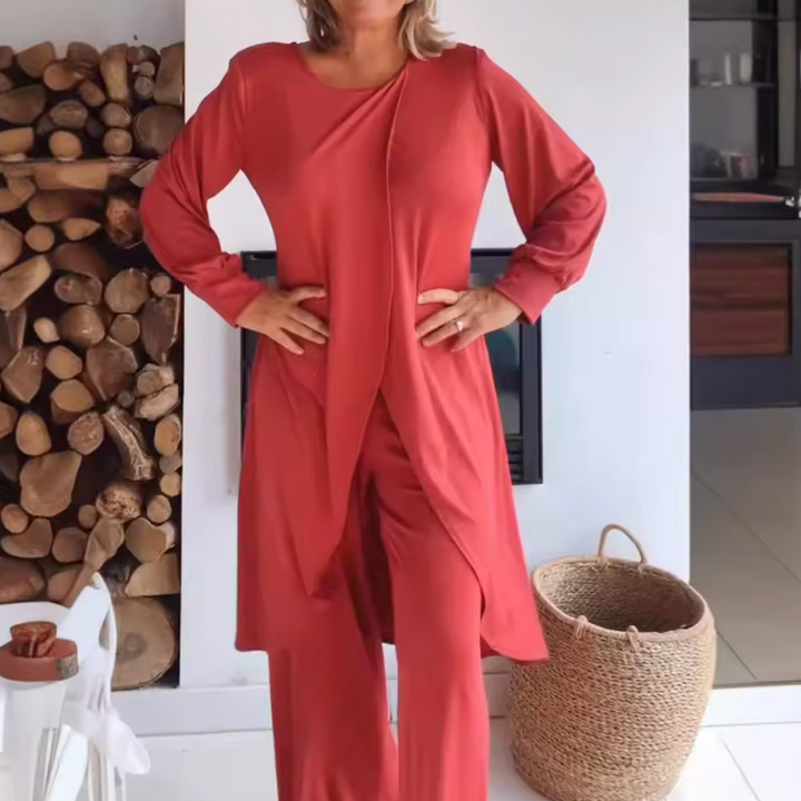 Women's long-sleeve two-piece lounge set with asymmetric top and wide-leg trousers