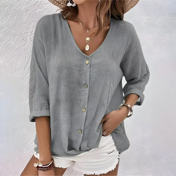 Relaxed V-Neck Button-Up Blouse in Green - View 2 | Bellmere