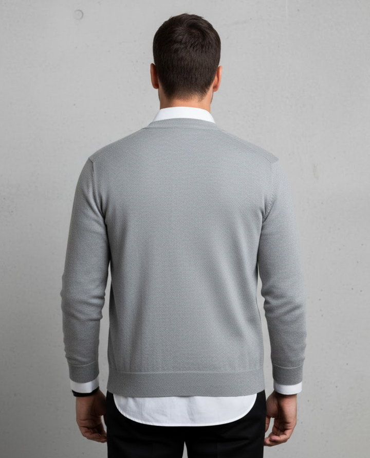Men's long-sleeve V-neck button-front cardigan with ribbed trims