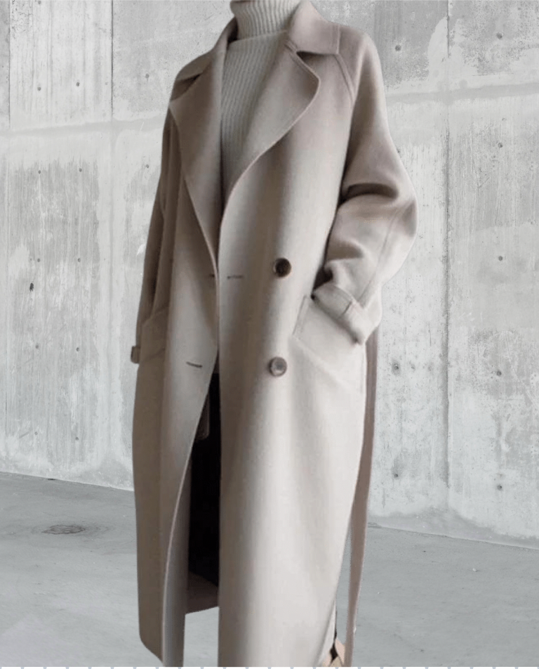 Women's longline button-front coat with notched lapels and side pockets