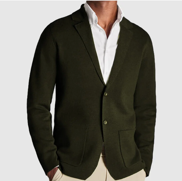 Knitted sweater jacket with high neck zip front and pockets