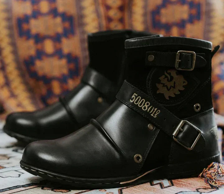 Men's biker ankle boots with buckle straps, round toes and side emblems
