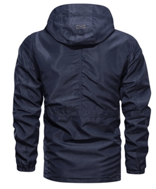 Men's hooded utility jacket with multiple pockets and contrast orange trim