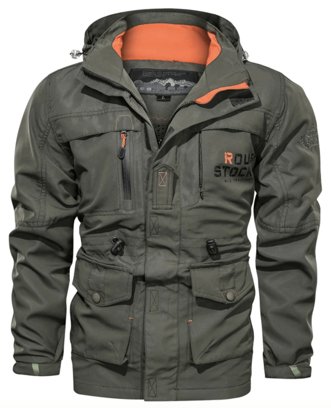 Men's hooded utility jacket with multiple pockets and contrast orange trim