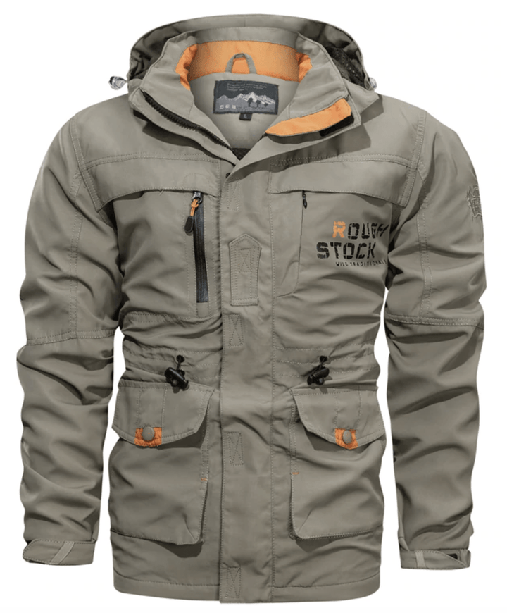 Men's hooded utility jacket with multiple pockets and contrast orange trim