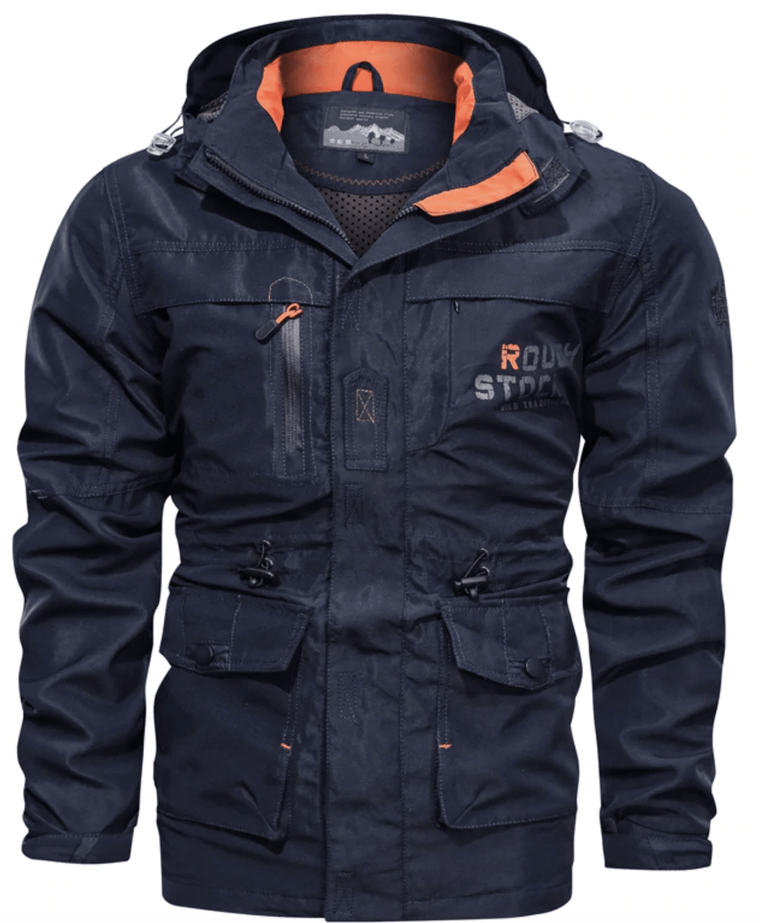 Men's hooded utility jacket with multiple pockets and contrast orange trim