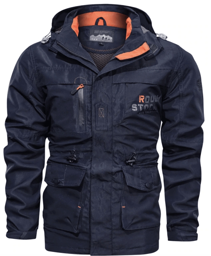 Men's hooded utility jacket with multiple pockets and contrast orange trim