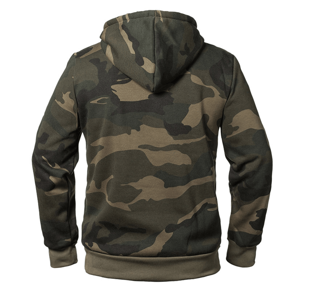 Unisex camouflage hoodie with drawstring hood, kangaroo pocket and long sleeves