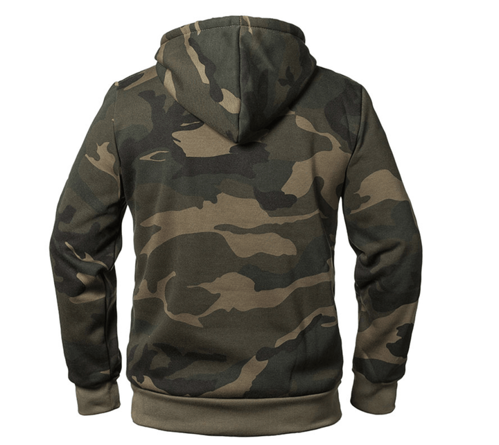 Unisex camouflage hoodie with drawstring hood, kangaroo pocket and long sleeves