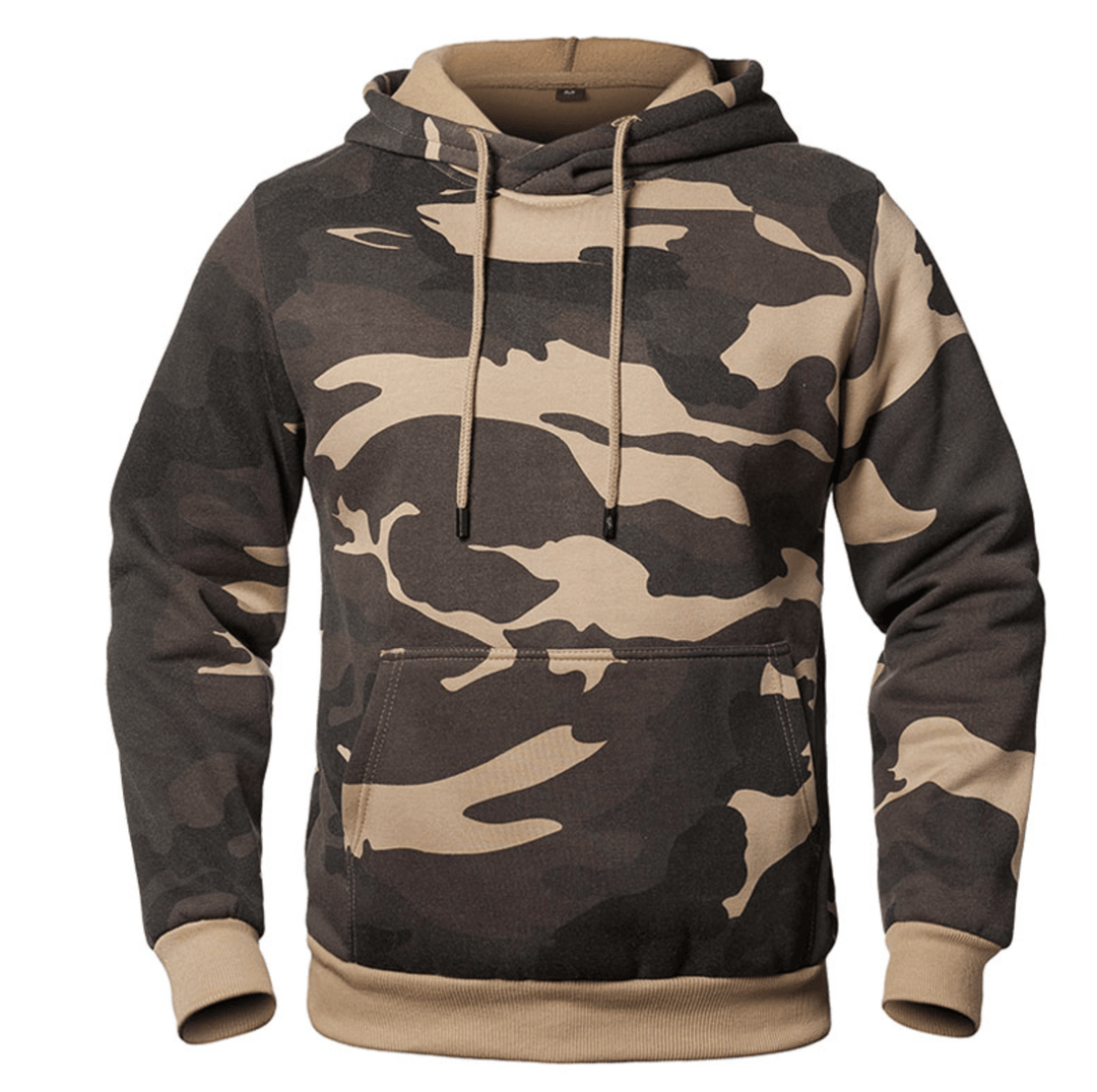 Unisex camouflage hoodie with drawstring hood, kangaroo pocket and long sleeves