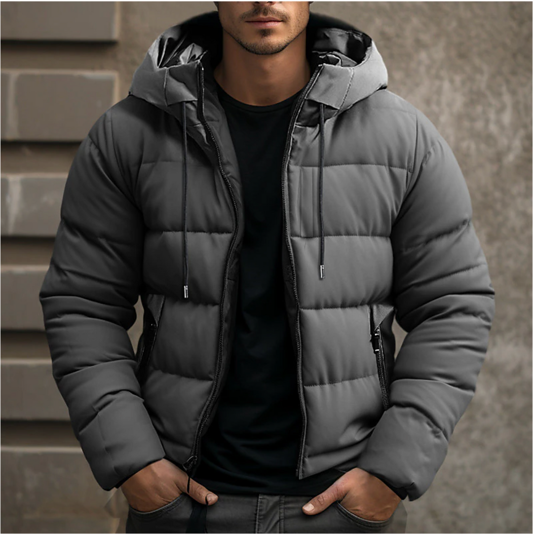 Men's hooded quilted puffer jacket with long sleeves and zipped pockets