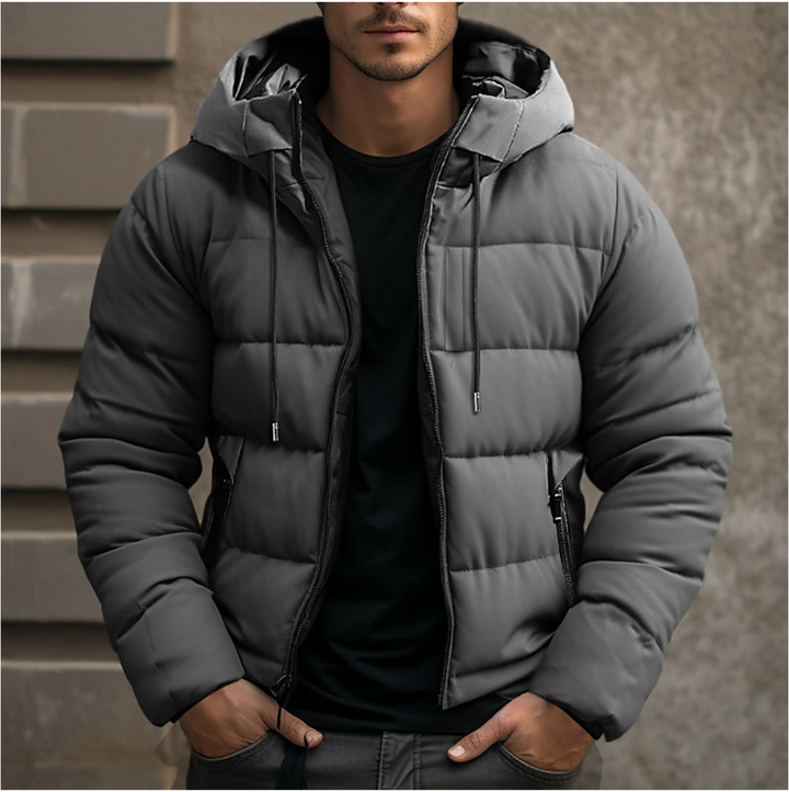 Men's hooded quilted puffer jacket with long sleeves and zipped pockets