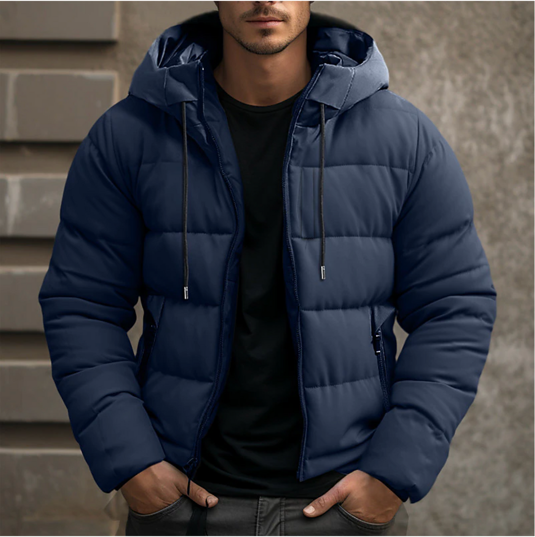 Men's hooded quilted puffer jacket with long sleeves and zipped pockets