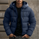 Men's hooded quilted puffer jacket with long sleeves and zipped pockets