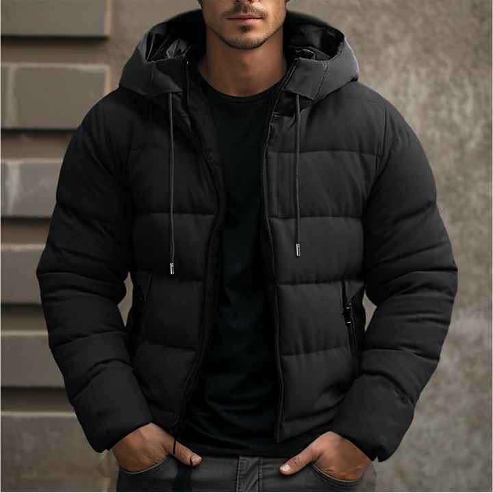 Men's hooded quilted puffer jacket with long sleeves and zipped pockets