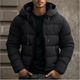 Men's hooded quilted puffer jacket with long sleeves and zipped pockets