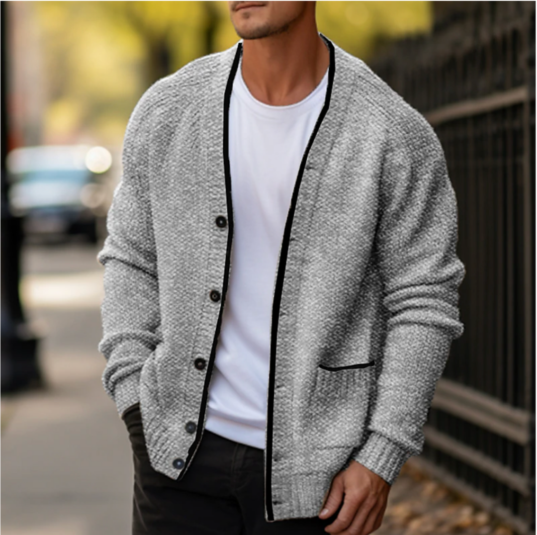 Men's textured button-down cardigan sweater with V-neck, long sleeves and front pockets