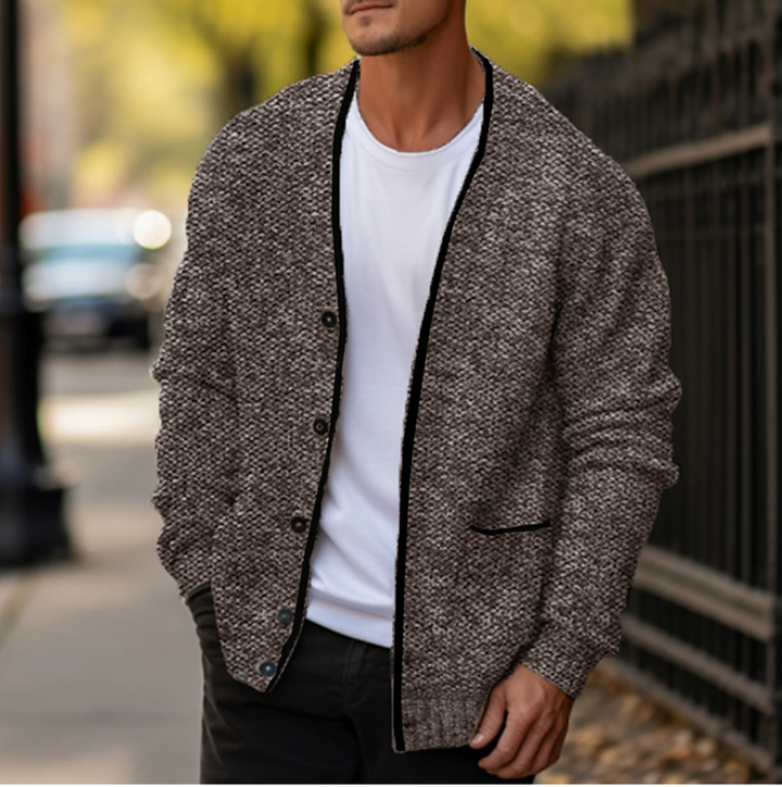 Men's textured button-down cardigan sweater with V-neck, long sleeves and front pockets