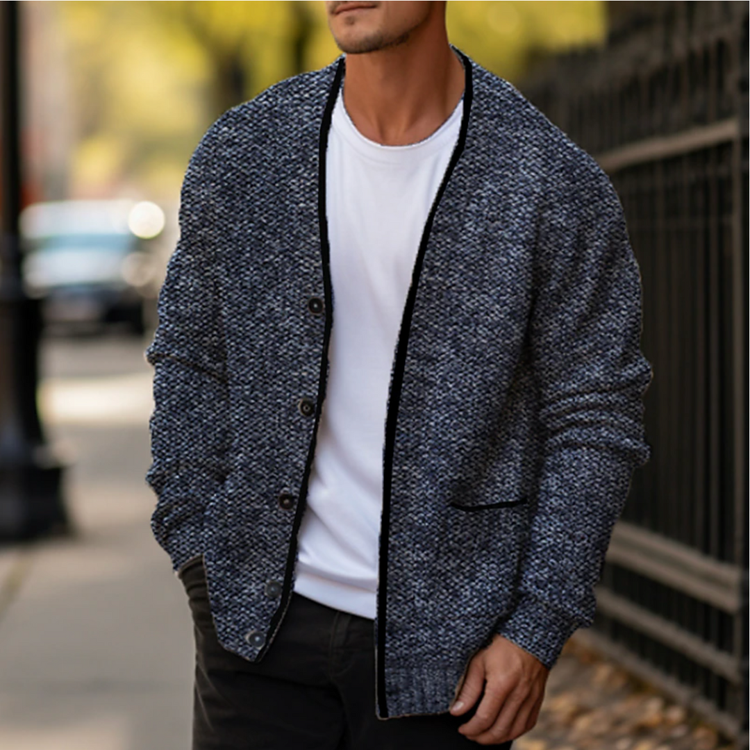 Men's textured button-down cardigan sweater with V-neck, long sleeves and front pockets
