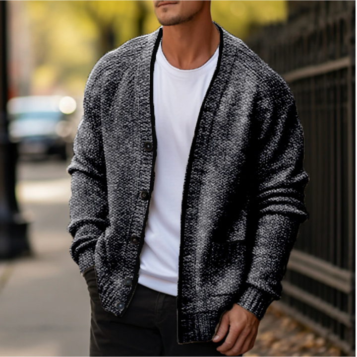 Men's textured button-down cardigan sweater with V-neck, long sleeves and front pockets