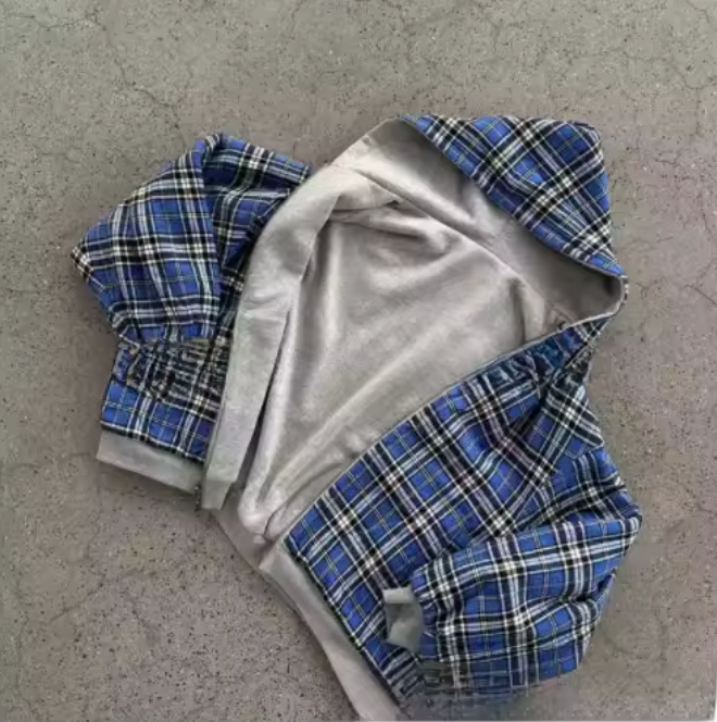 Black hooded zip jacket with checked lining and front pockets