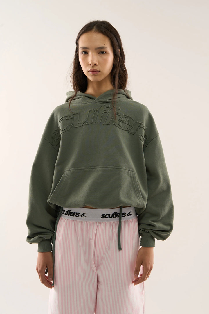 Women's hooded hoodie with raised chest lettering and kangaroo pocket