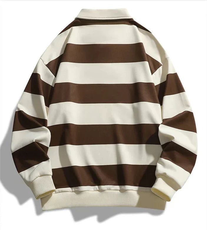 Unisex striped polo sweatshirt with collared neckline and long sleeves