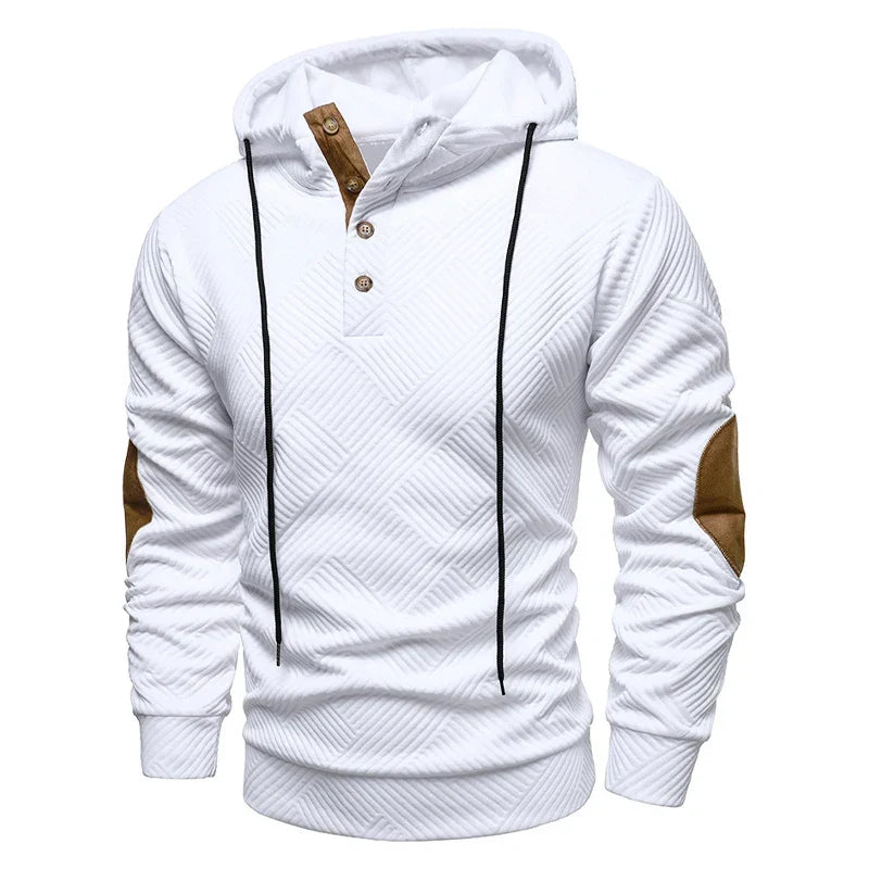 Men's textured hooded pullover with button placket and contrasting elbow panels