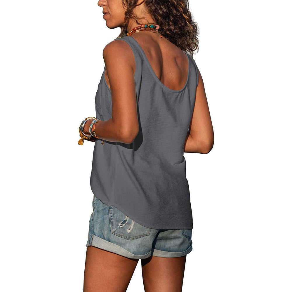 Women's grey sleeveless tank top with V-neck and decorative button front