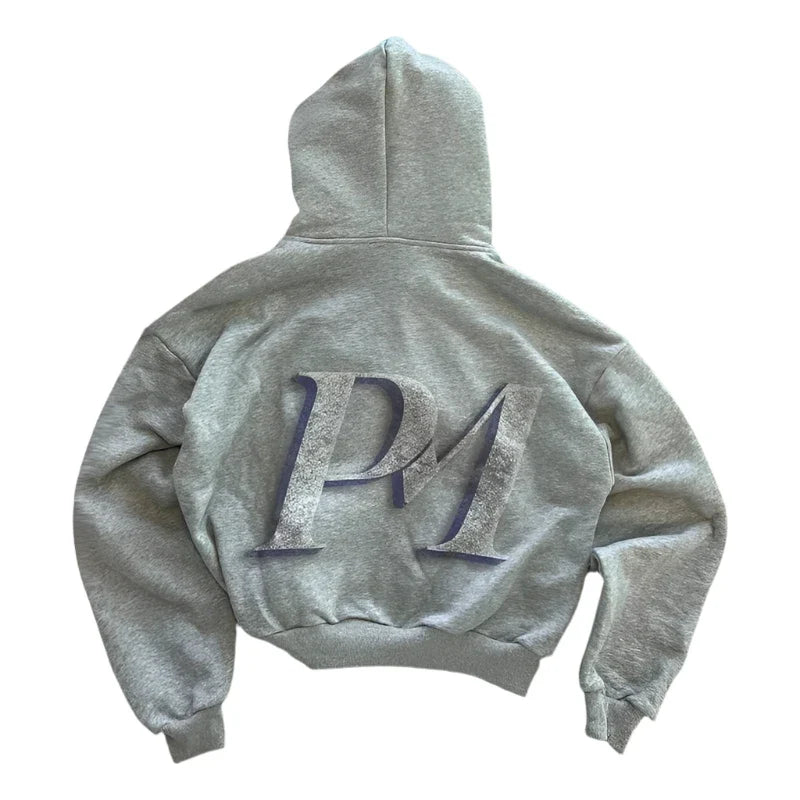 Grey unisex graphic zip hoodie with hood, front pockets and back lettering