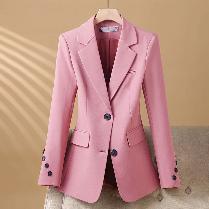 Women's tailored single-breasted blazer with notched lapels and flap pockets