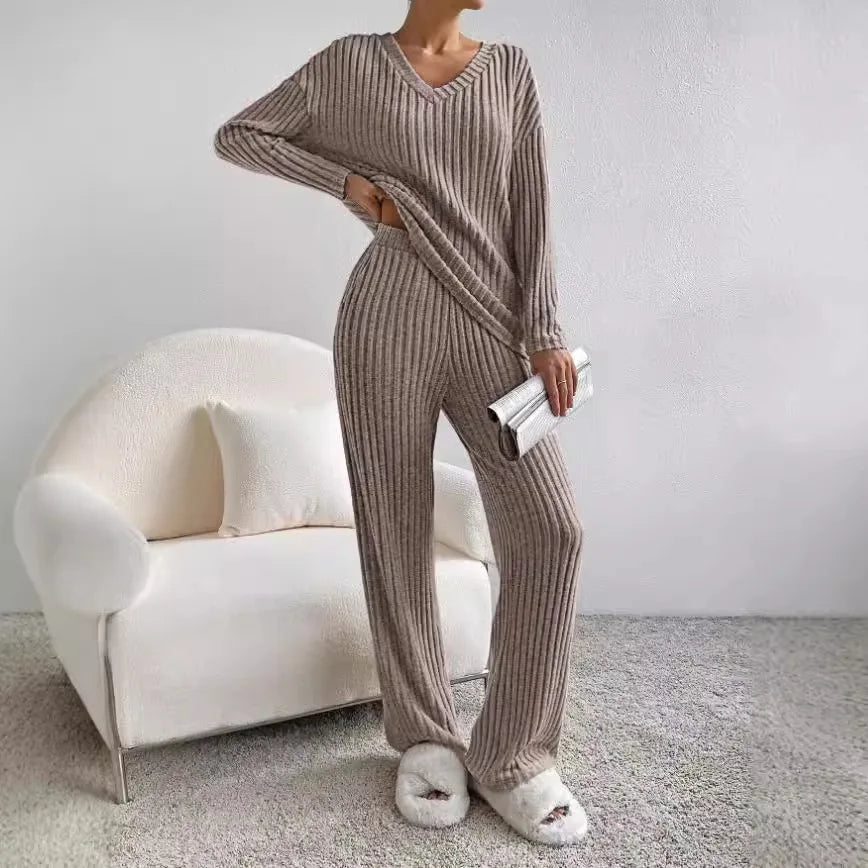 Women's ribbed two-piece lounge set with V-neck long-sleeved top and wide-leg trousers