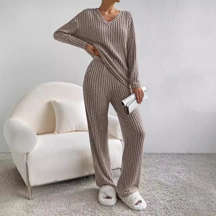 Women's ribbed two-piece lounge set with V-neck long-sleeved top and wide-leg trousers